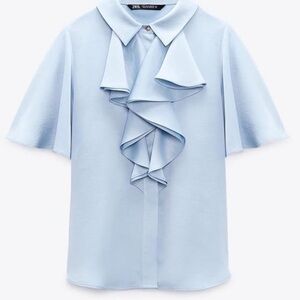 💙 Zara Light Blue Ruffle Front Blouse - Size M